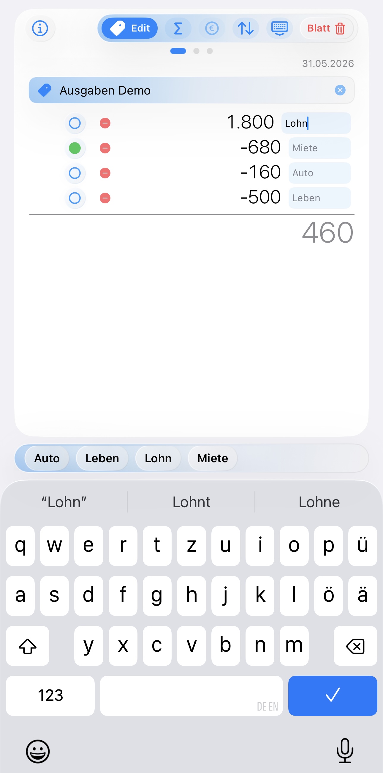 CalcLog Editmodus mit Beschriftungen