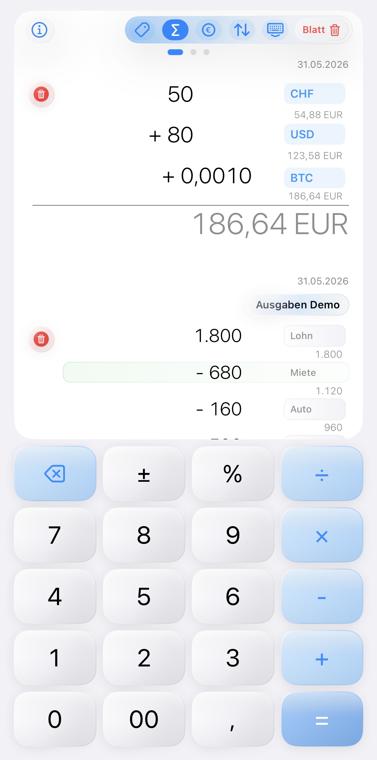 CalcLog mit Zwischenergebnissen nach jeder Zeile
